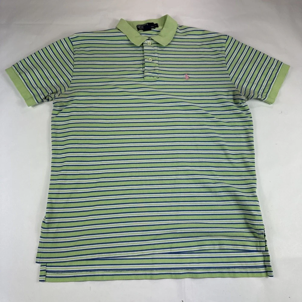 Polo Ralph Lauren Shirt Mens L Green Blue Striped Short Sleeve Pink Pony READ